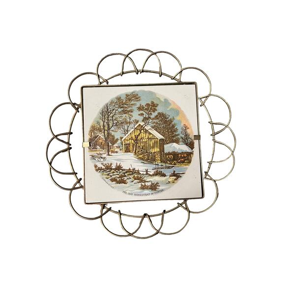 Vintage Currier and Ives The Old Homestead in Winter Tile wall art Stamped - Picture 1 of 5